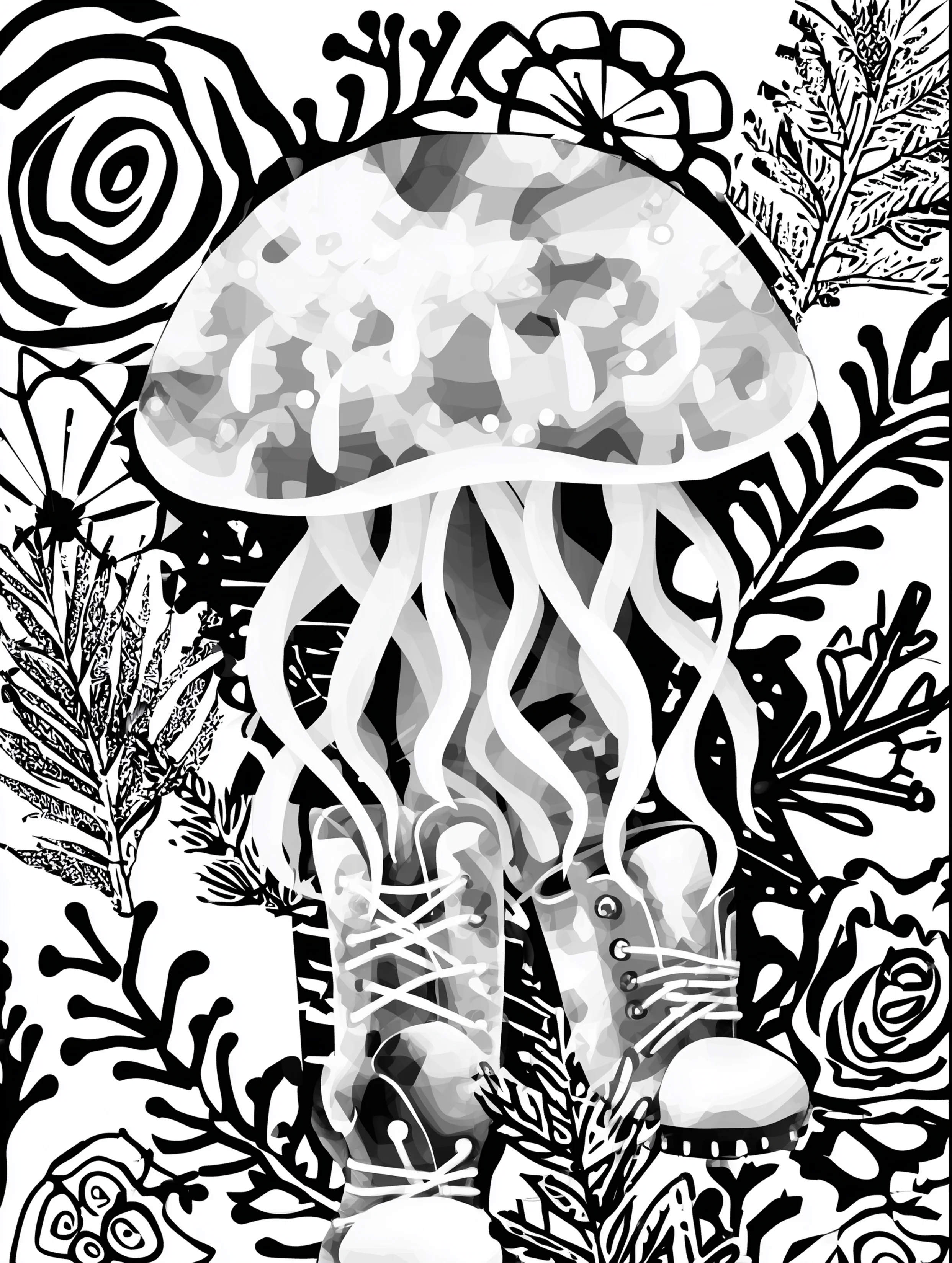 Free printable jellyfish coloring page for adults featuring a whimsical jellyfish with shoes